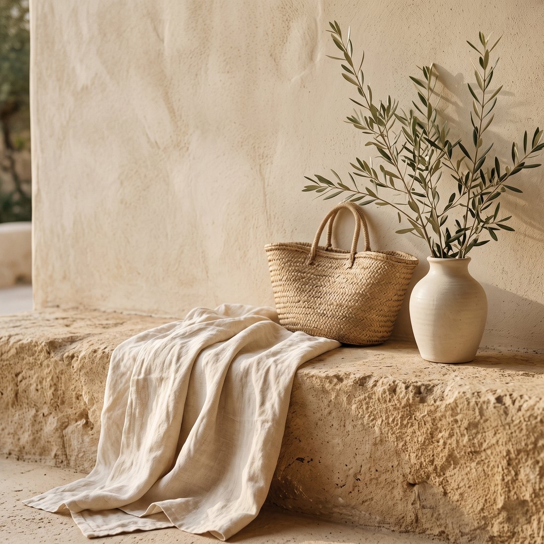 Linen throw and woven bag styled on a stone ledge