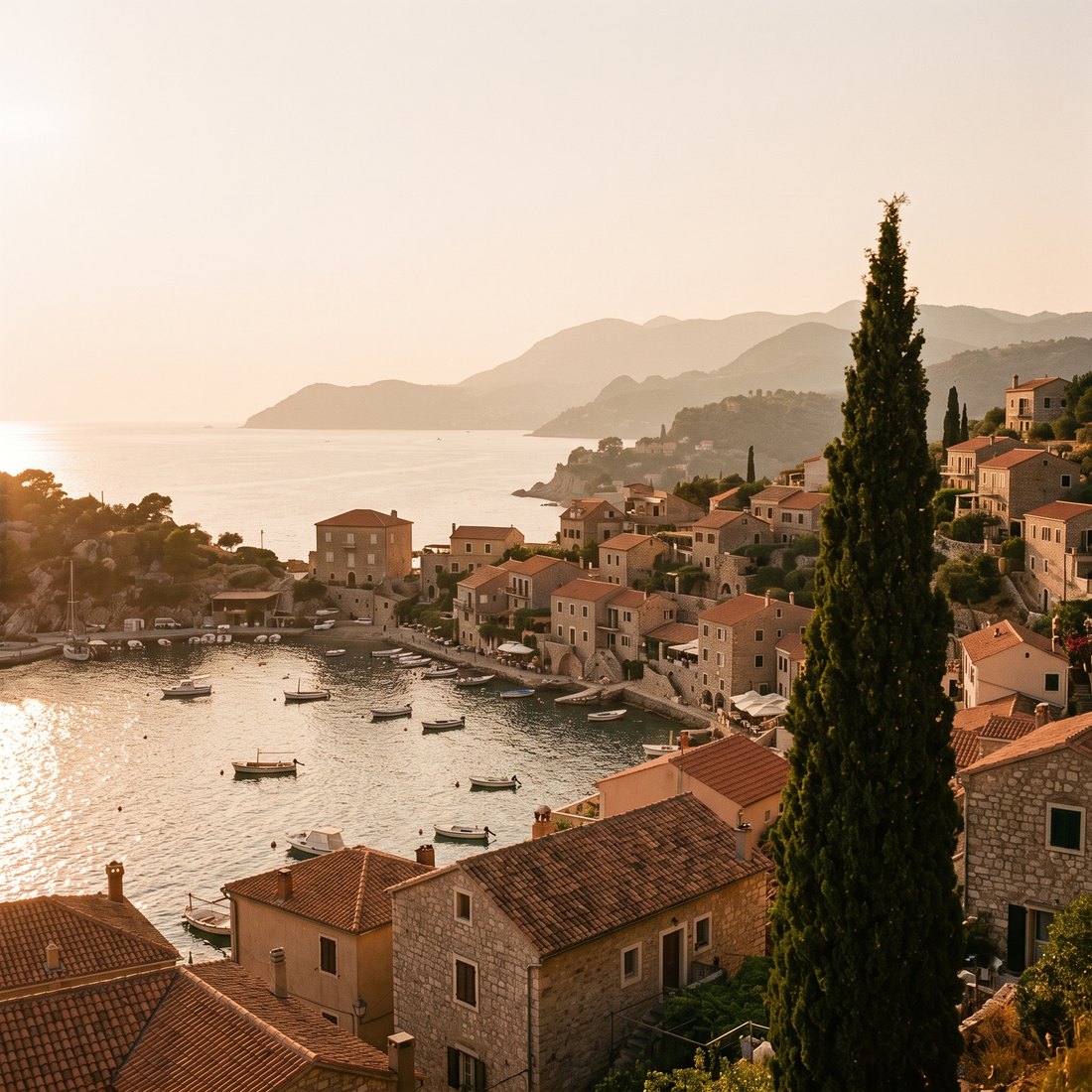 Mediterranean harbor town with cypress trees