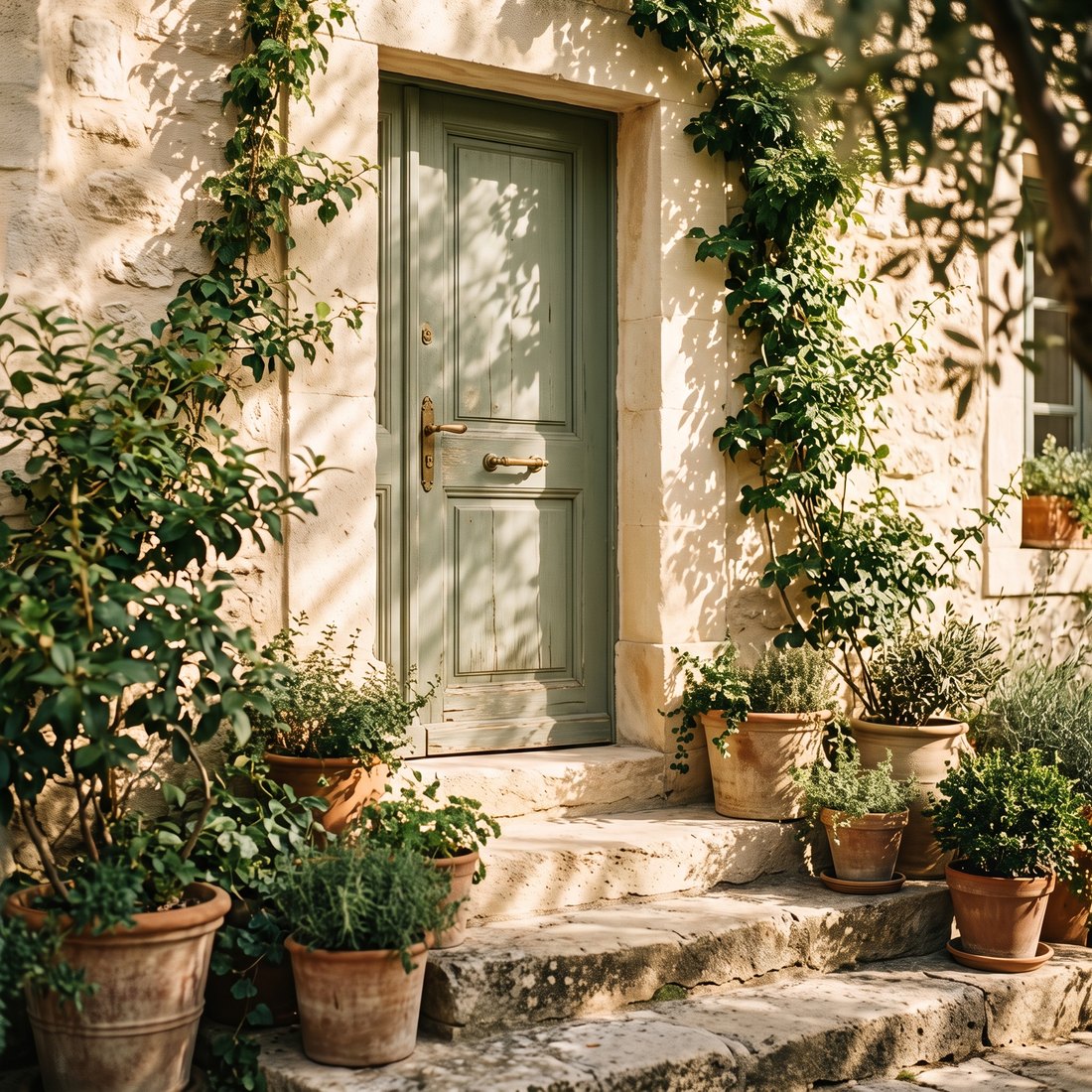 Sage green doorway framed by climbing plants