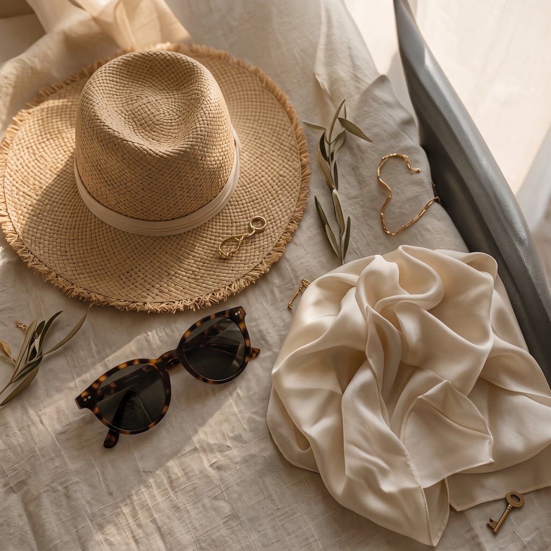 Straw hat, sunglasses and linen laid out for travel