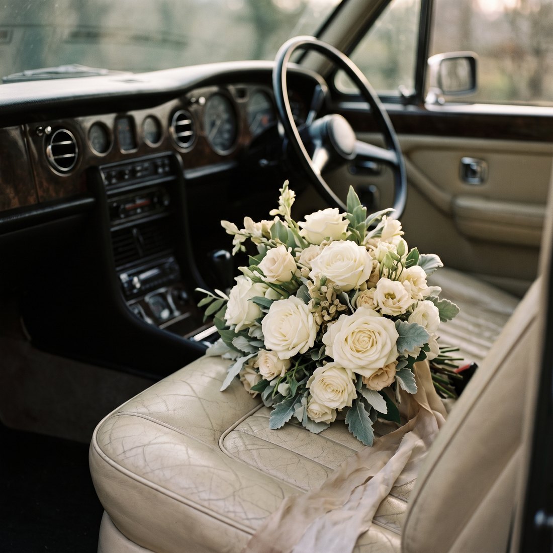 White rose bouquet resting inside a classic car